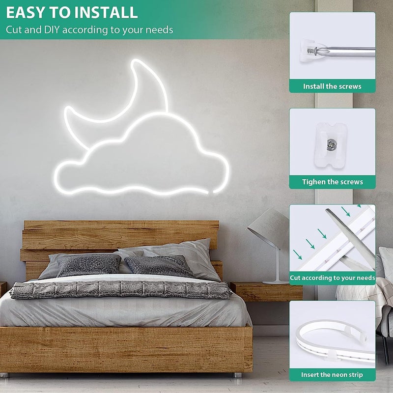 Lamomo ضوء لامومو نيون LED، شريط ضوء نيون LED أبيض 12V، إضاءة شريطية قابلة للتعتيم بطول 16.4 قدم/5 متر، علامة DIY من السيليكون لتزيين غرفة النوم الداخلية (شامل محول الطاقة) - Image 5